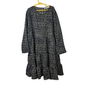 Zara Black & White Leopard Print Long-Sleeve Tiered Midi Dress size small